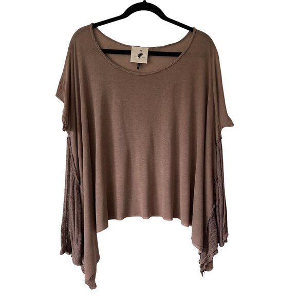 Hero Crane Brown Asymmetrical Hem Top Flowy Size P Rayon Lagenlook Boho Oversize - Picture 1 of 6